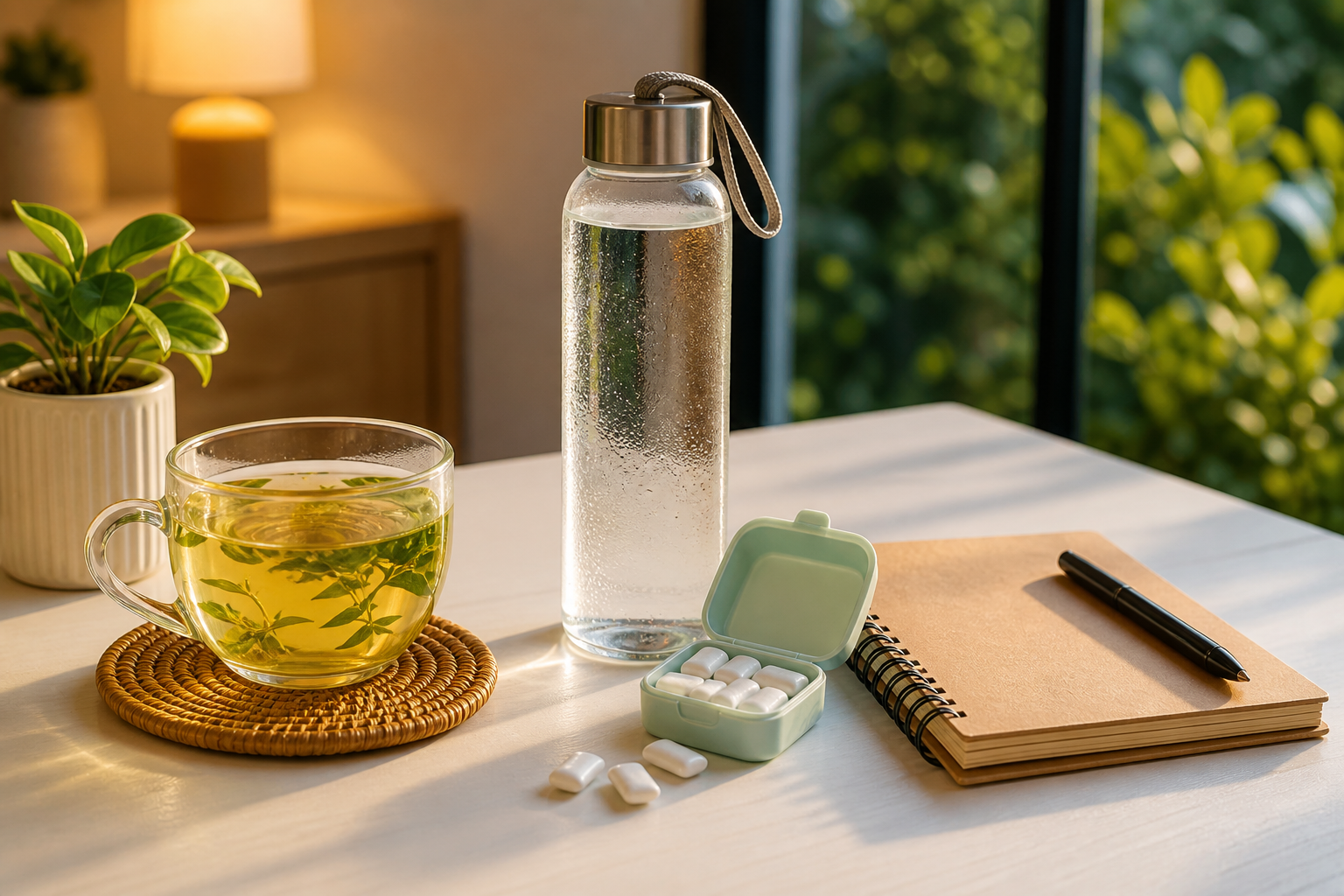 Trà, bình nước, gum và sổ theo dõi thói quen trên bàn