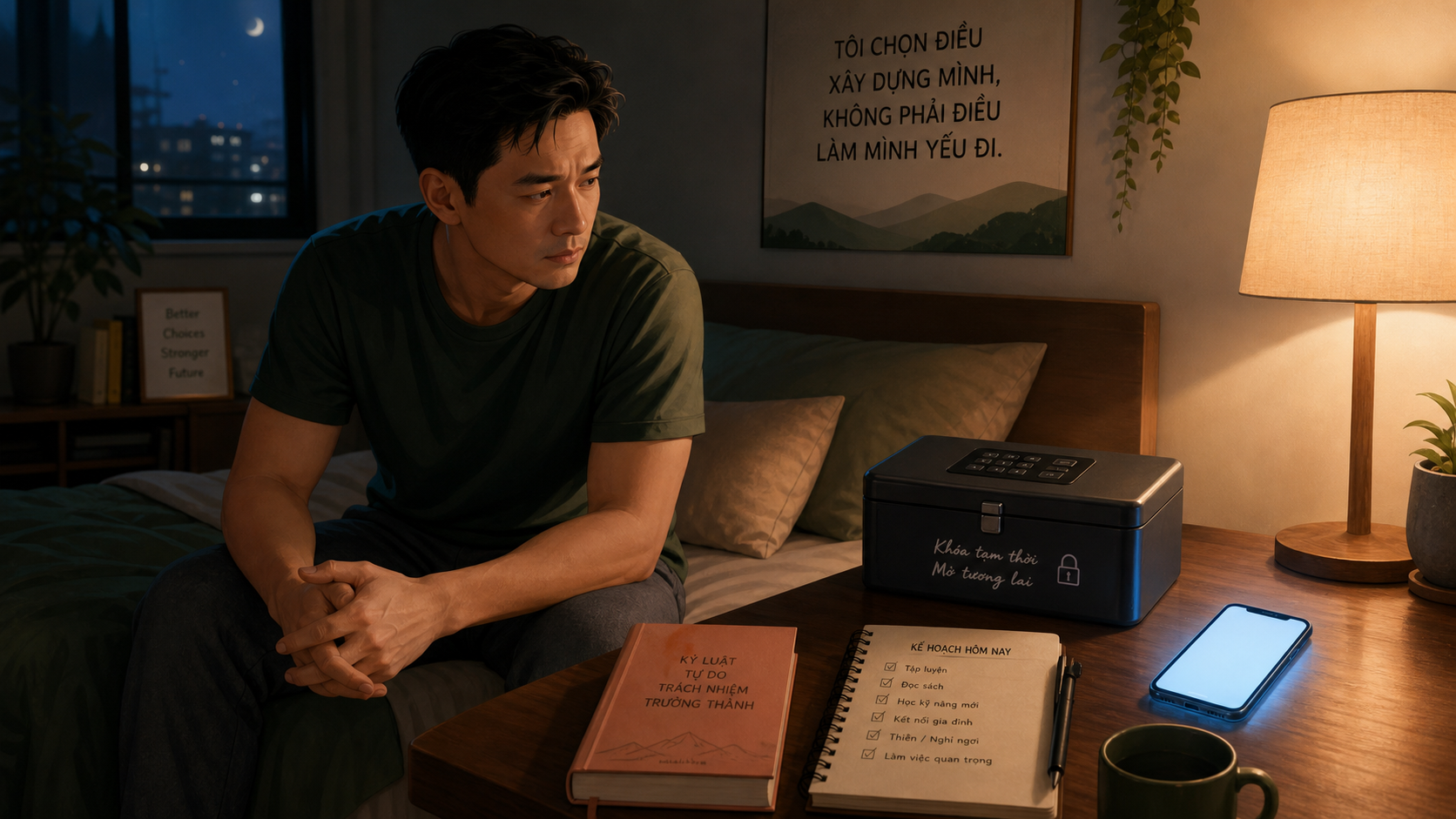 Người trưởng thành trong phòng ngủ với điện thoại sáng, hộp khóa và danh sách việc cần làm