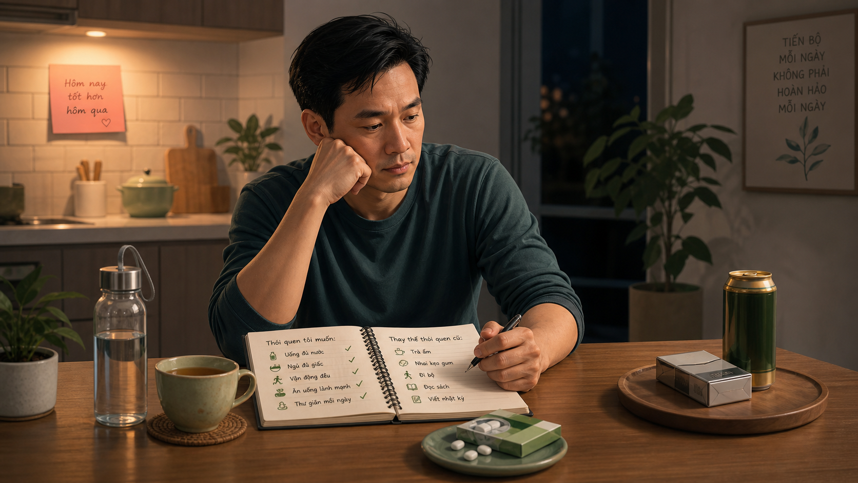 Người trưởng thành ngồi bên bàn bếp với trà, bình nước, gum, lon bia và bao thuốc lá