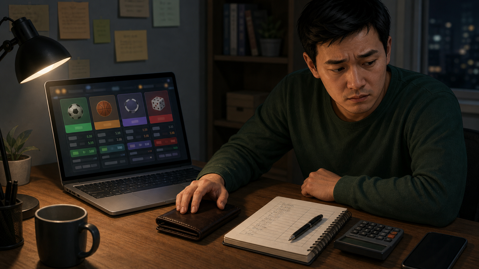 Người trưởng thành ngồi trước laptop, ví đóng, sổ chi tiêu và máy tính