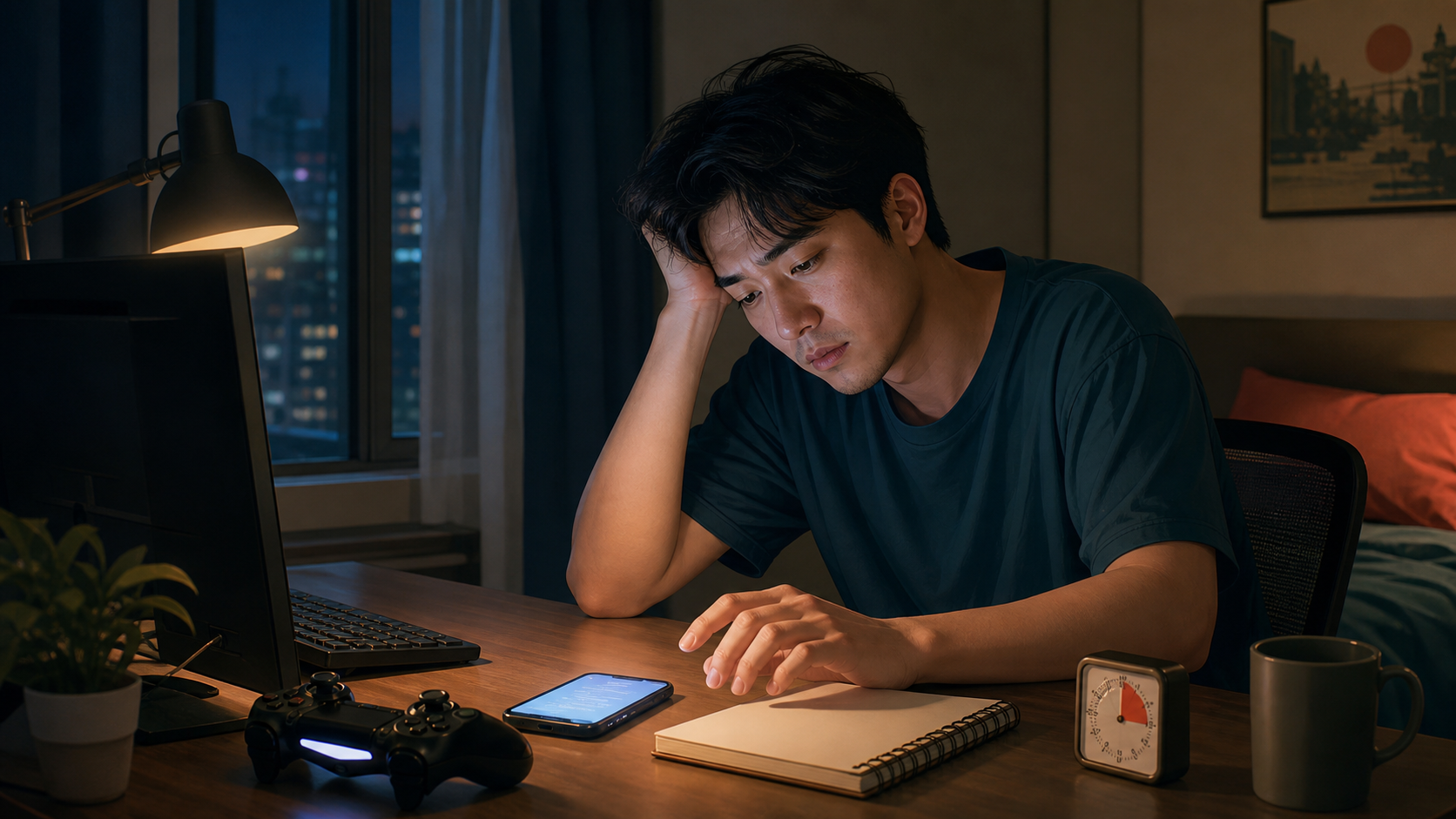 Người trưởng thành ngồi trước màn hình, điện thoại và tay cầm game vào ban đêm